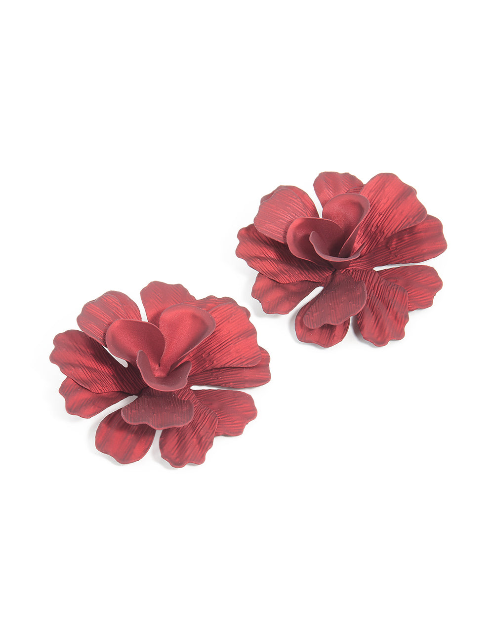 Red Coated Metal Textured Flower Large Stud Earrings