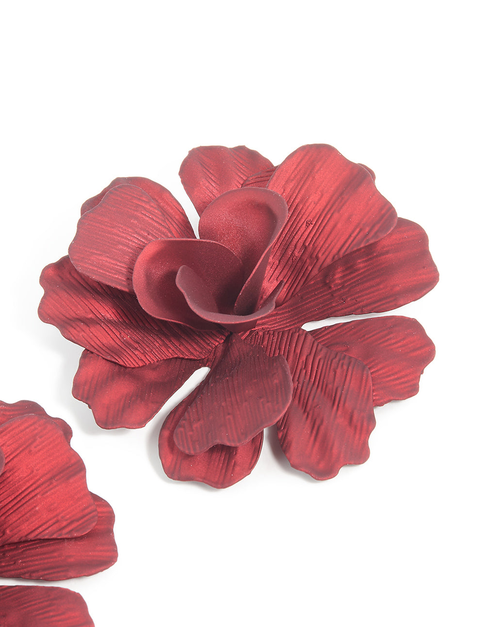 Red Coated Metal Textured Flower Large Stud Earrings