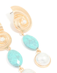 Gold Shell Aqua Stone Pearl Drop Earrings - link has visual effect only