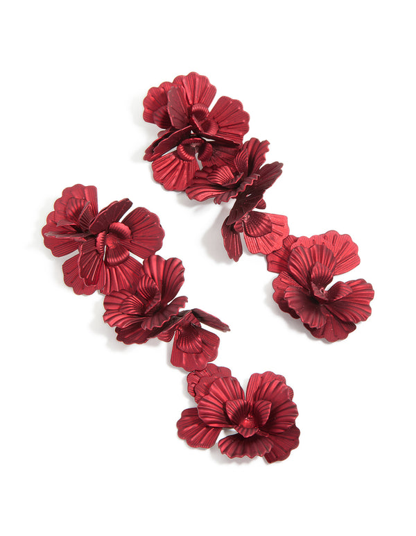 Burgundy Coated Metal Triple Flower Drop Earrings