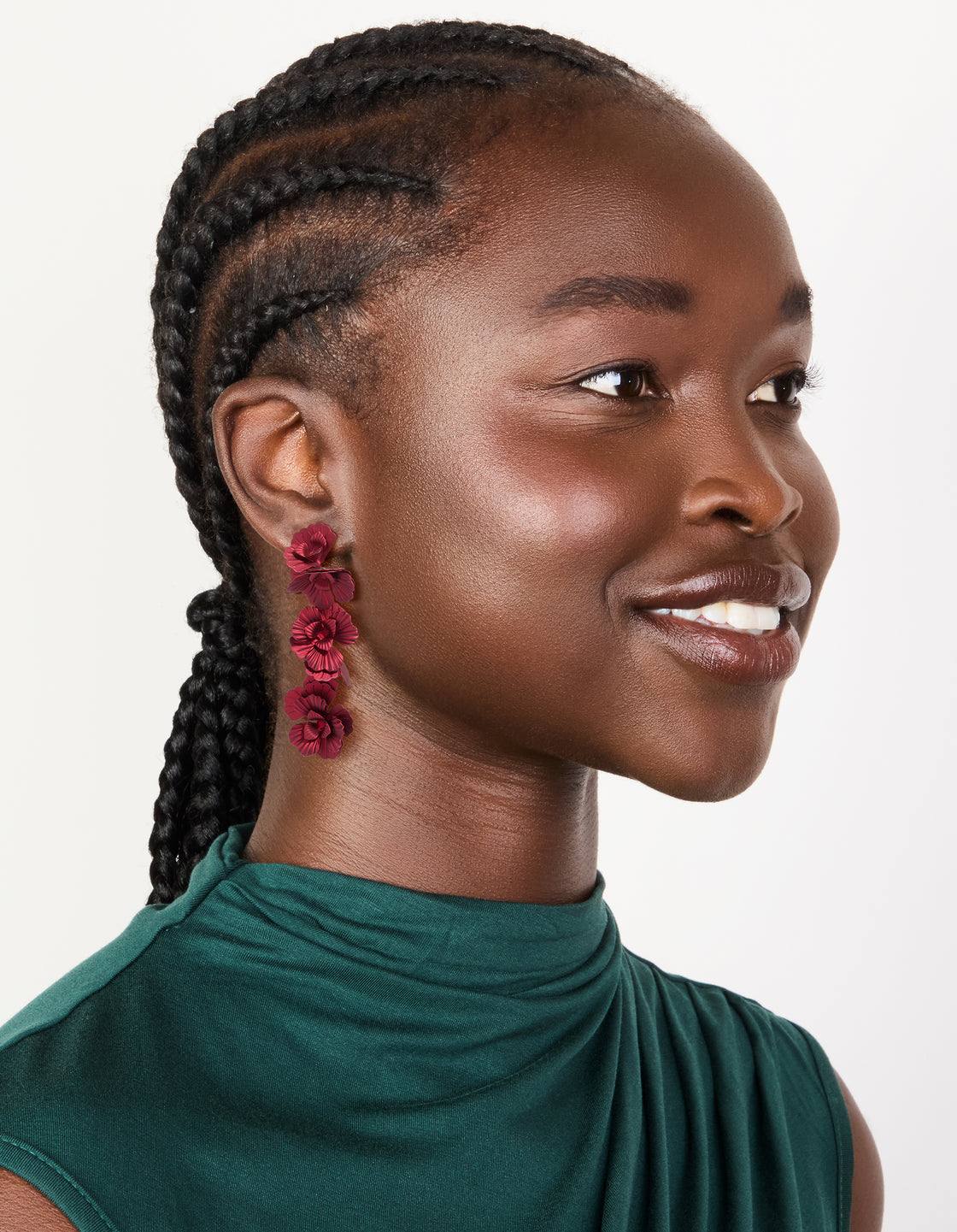 Burgundy Coated Metal Triple Flower Drop Earrings