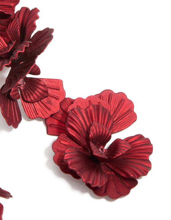 Burgundy Coated Metal Triple Flower Drop Earrings