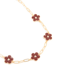 Gold Red Diamante Flower Link Necklace - link has visual effect only