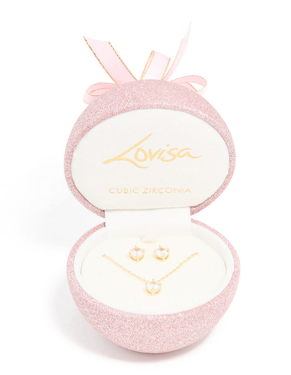 Gold Cubic Zirconia Round Pendant Necklace & Earrings Set