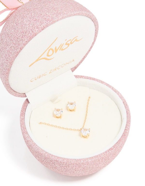 Gold Cubic Zirconia Round Pendant Necklace & Earrings Set