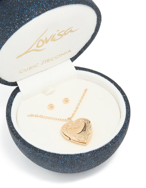 Gold Heart Locket Earring & Necklace Jewellery Set