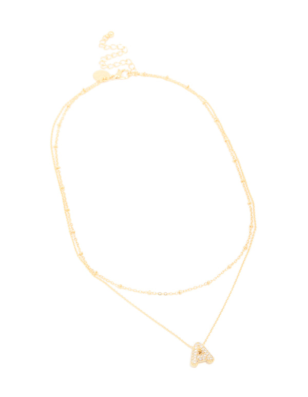 Gold Plated Cubic Zirconia Pave Bubble Letter A Layered Necklace