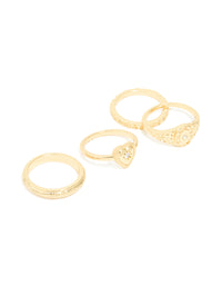 Gold Plated Diamante Heart Signet & Stamped Rings 4-Pack - link has visual effect only