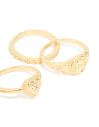 Gold Plated Diamante Heart Signet & Stamped Rings 4-Pack - link has visual effect only
