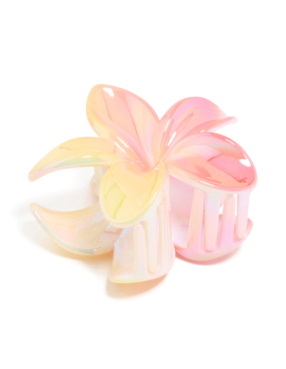 Showcasing an iridescent pink frangipani flower claw clip in light yellow, peachpuff, and lavender blush tones side view