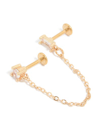 Gold Plated Surgical Steel Chain Cubic Zirconia Stacking Flat Back Stud - link has visual effect only