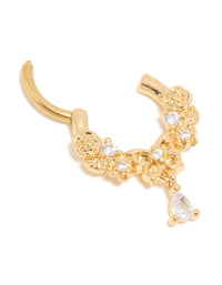 Gold Plated Surgical Steel Cubic Zirconia Floral Drop Clicker Ring - link has visual effect only