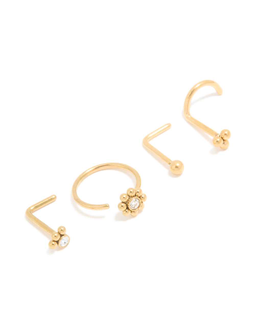 Gold Plated Titanium Cubic Zirconia Floral Nose Ring & Nose Studs 4-Pack