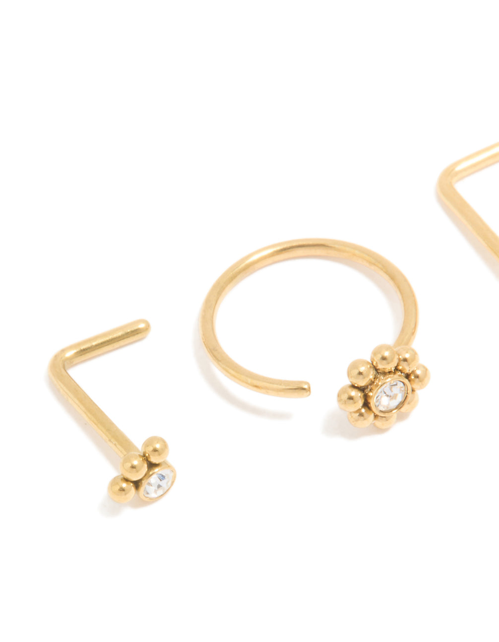 Gold Plated Titanium Cubic Zirconia Floral Nose Ring & Nose Studs 4-Pack