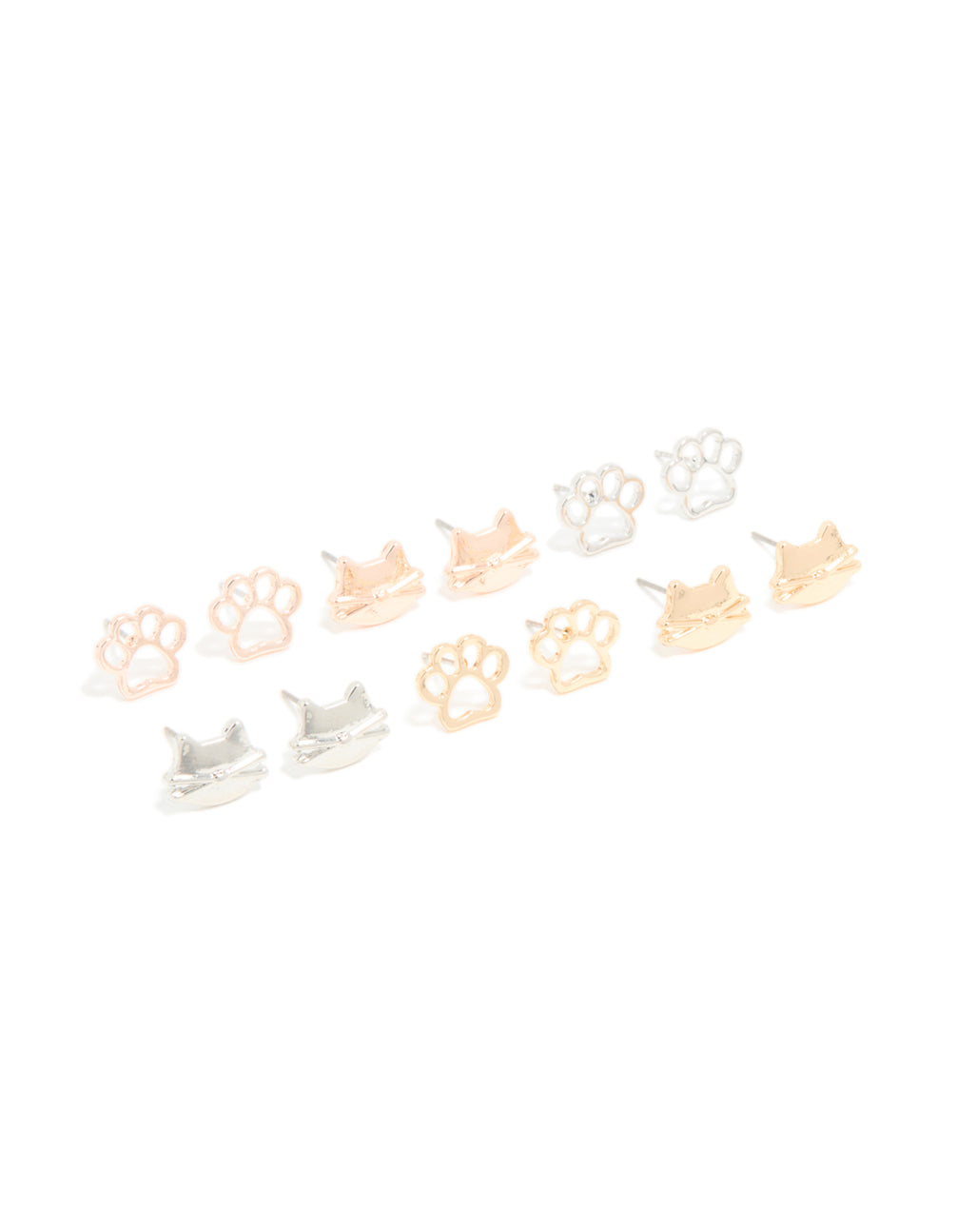 Kids Mixed Metal Dog Paw & Cat Face Stud Earrings 6-Pack