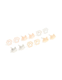 Kids Mixed Metal Dog Paw & Cat Face Stud Earrings 6-Pack - link has visual effect only