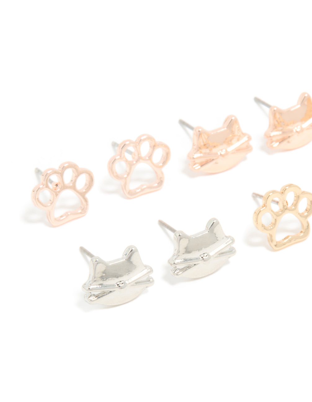 Kids Mixed Metal Dog Paw & Cat Face Stud Earrings 6-Pack