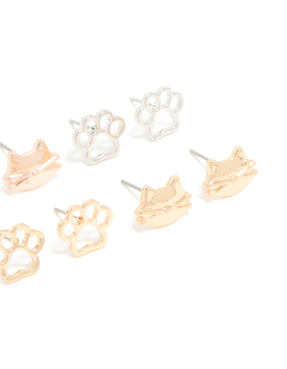Kids Mixed Metal Dog Paw & Cat Face Stud Earrings 6-Pack