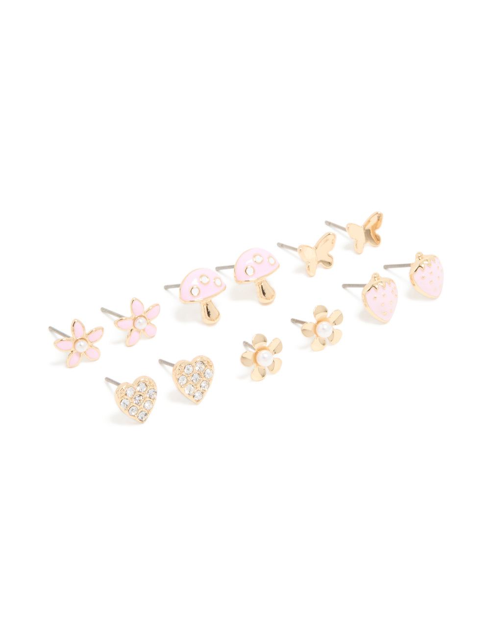 Kids Gold Pastel Pink Strawberry & Mushroom Stud Earrings 6-Pack