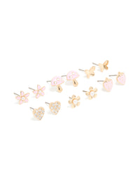 Kids Gold Pastel Pink Strawberry & Mushroom Stud Earrings 6-Pack - link has visual effect only