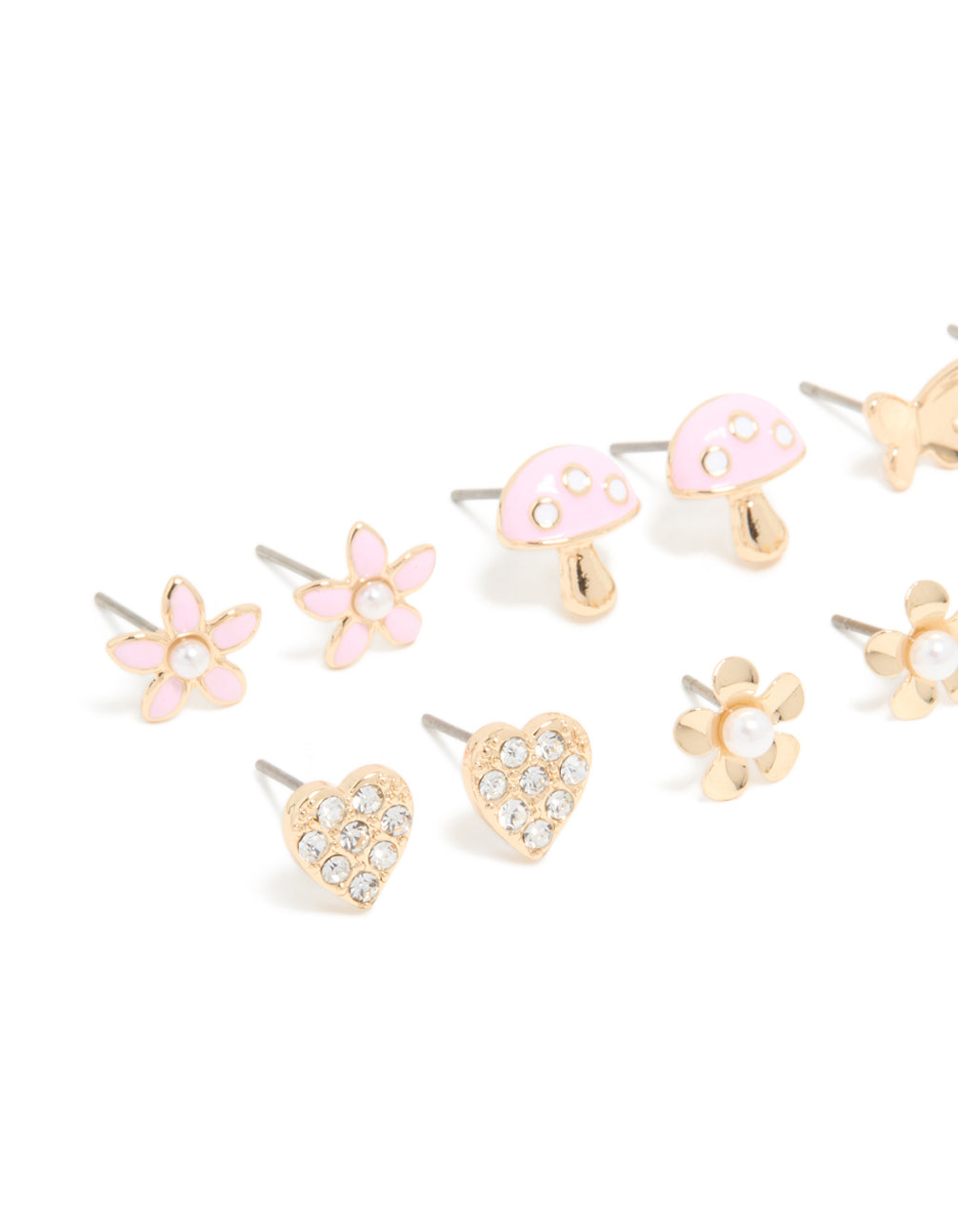 Kids Gold Pastel Pink Strawberry & Mushroom Stud Earrings 6-Pack