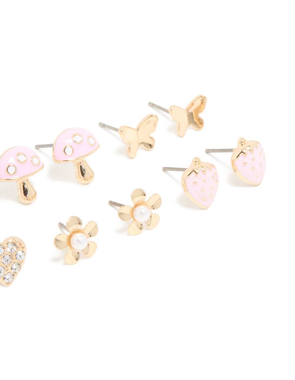 Kids Gold Pastel Pink Strawberry & Mushroom Stud Earrings 6-Pack