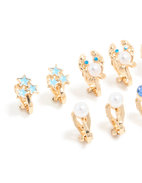 Kids Gold Shell & Crab Clip On Earrings 5-Pack
