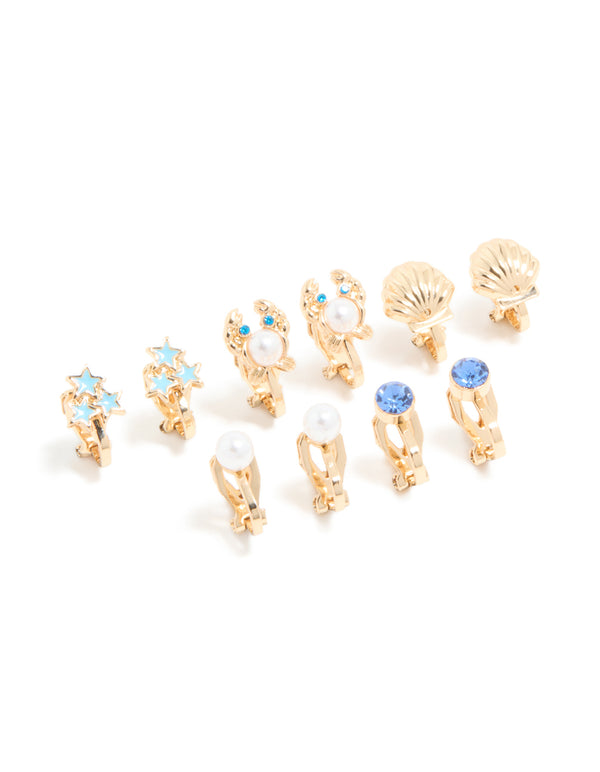 Kids Gold Shell & Crab Clip On Earrings 5-Pack