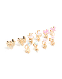 Kids Gold Pink Ballerina & Butterfly Clip-On Earrings 5-Pack - link has visual effect only
