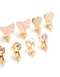 Kids Gold Pink Butterfly & Pearl Centre Flower Clip On Earrings 5-Pack - link has visual effect only
