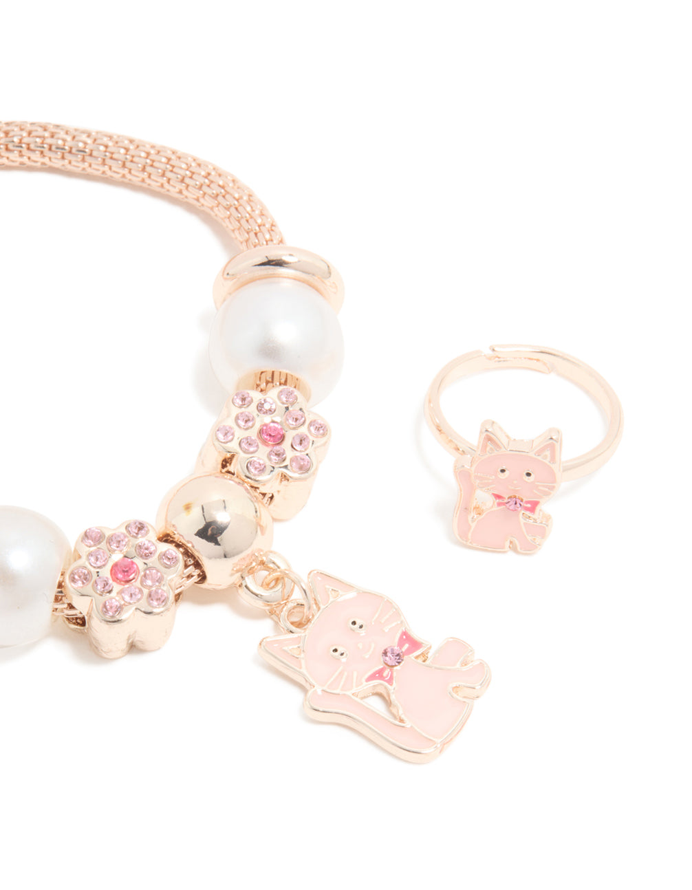 Kids Gold Pink Pearl Cat Stretch Charm Bracelet & Ring Set
