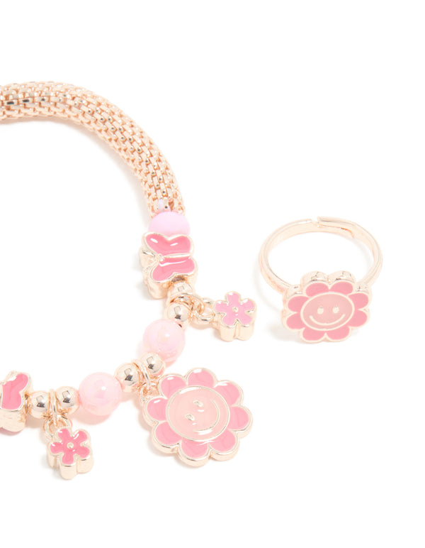 Kids Gold Flower & Butterfly Stretch Bracelet & Ring Set