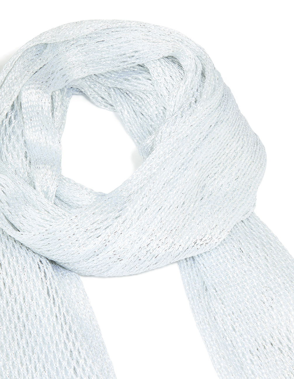 Featuring in a solid print design, this silver fabric draped scarf side view