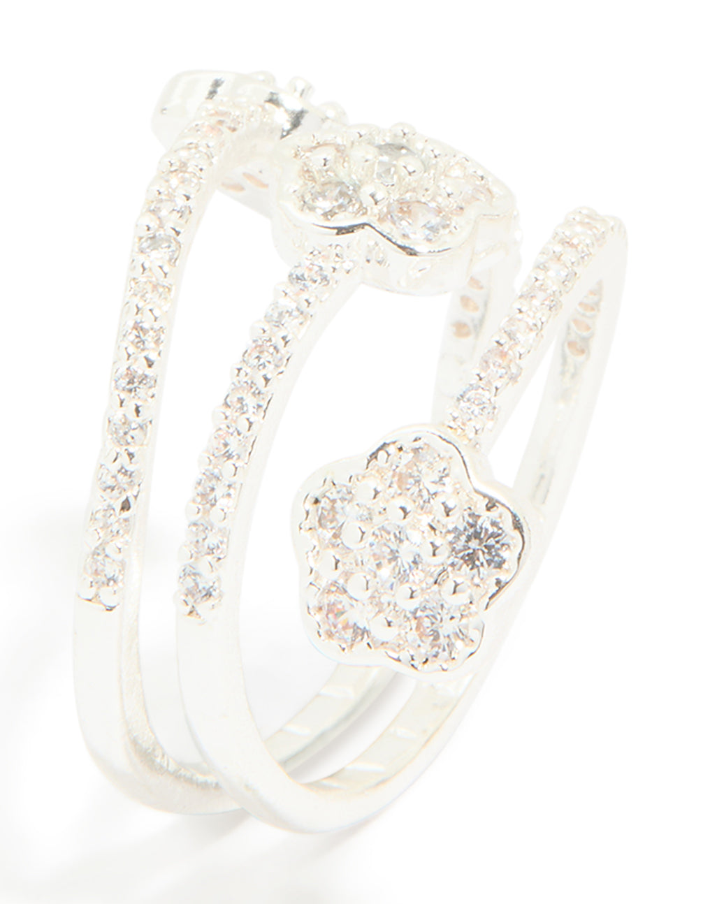 Silver Plated Cubic Zirconia Triple Layer Flower Wrap Around Ring