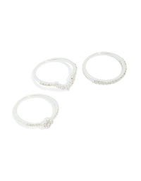 Silver Plated Cubic Zirconia Dainty Flower & Band  Stacking Rings 3-Pack - link has visual effect only