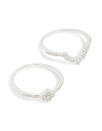 Silver Plated Cubic Zirconia Dainty Flower & Band  Stacking Rings 3-Pack - link has visual effect only