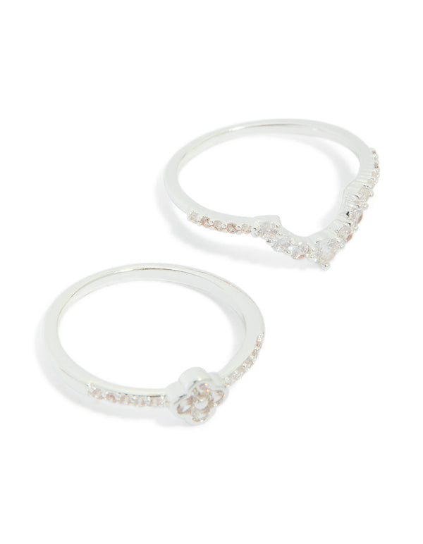 Silver Plated Cubic Zirconia Dainty Flower & Band  Stacking Rings 3-Pack