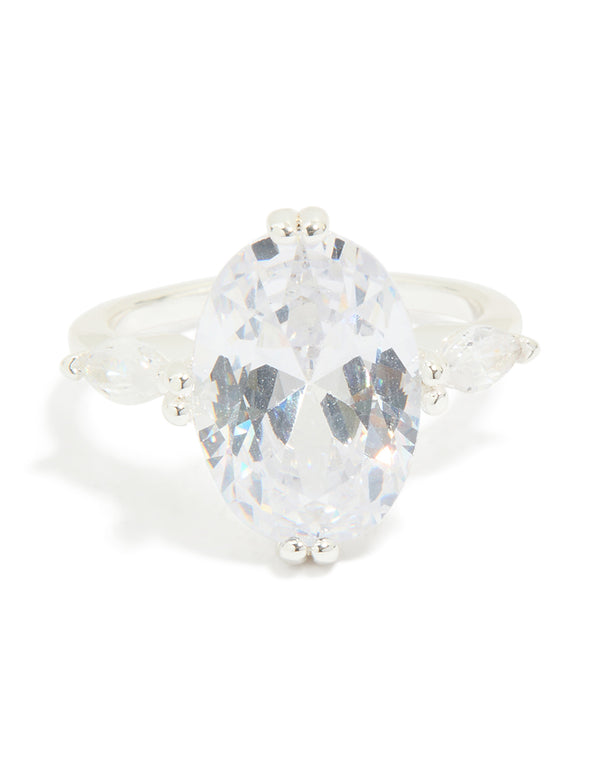 Silver Plated Cubic Zirconia Large Oval Statement Ring