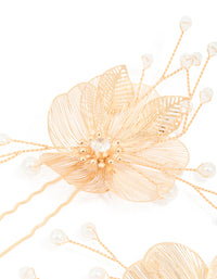 Gold Pearl Large Laser Cut Flower Hair Pins 2-Pack - link has visual effect only