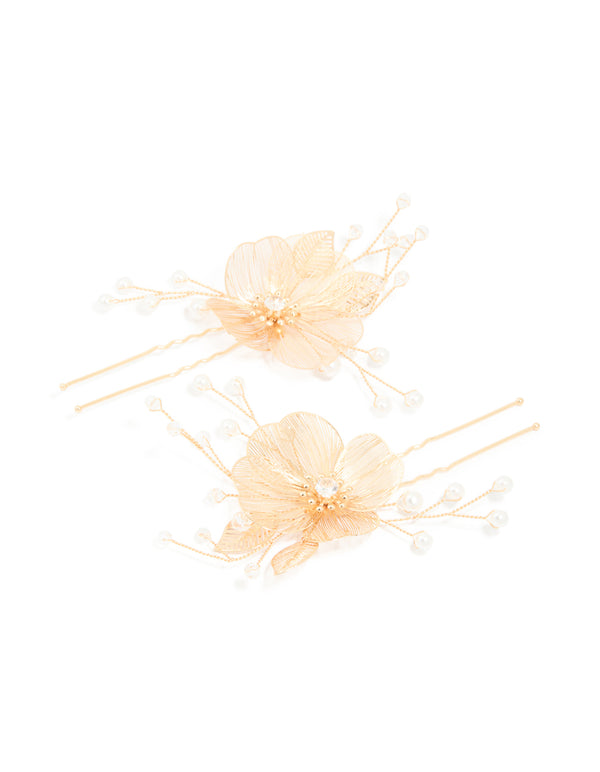 Gold Pearl Large Laser Cut Flower Hair Pins 2-Pack