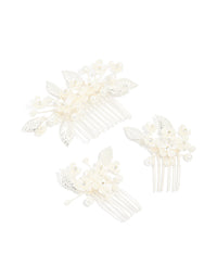 Silver Pearl Flower & Leaf Hair Combs 3-Pack - link has visual effect only