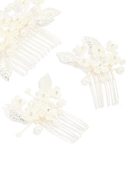 Silver Pearl Flower & Leaf Hair Combs 3-Pack - link has visual effect only