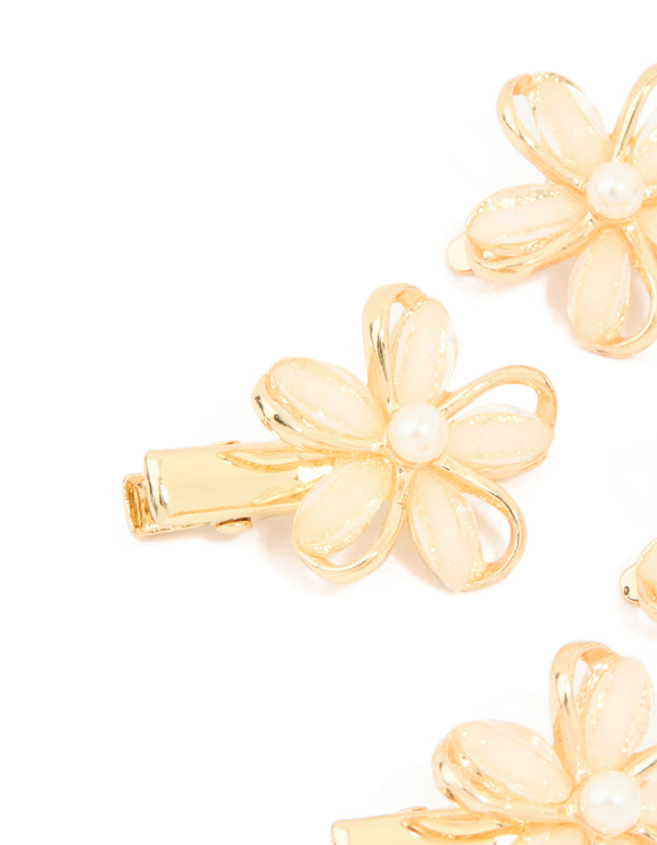 Gold Twisted Pink Flower Hair Clips 4-Pack