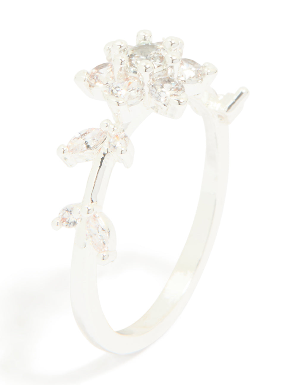 Silver Plated Cubic Zirconia Dainty Flower Ring