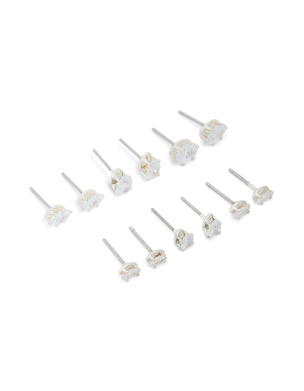 Silver Cubic Zirconia Stud Earrings 6-Pack