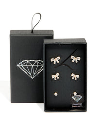 Gold Cubic Zirconia Bow & Classic Stud Earrings 3-Pack - link has visual effect only