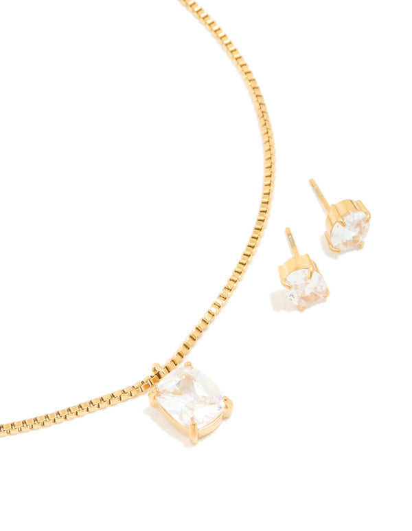 Gold Cubic Zirconia Pendant Necklace & Stud Earrings Set
