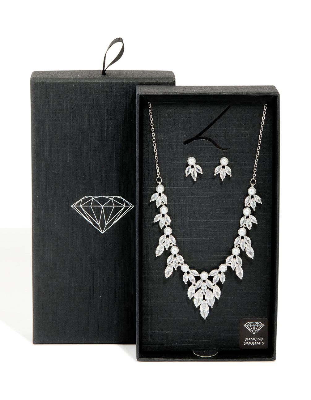 Silver Pearl Cubic Zirconia Flower Earrings & Necklace Set
