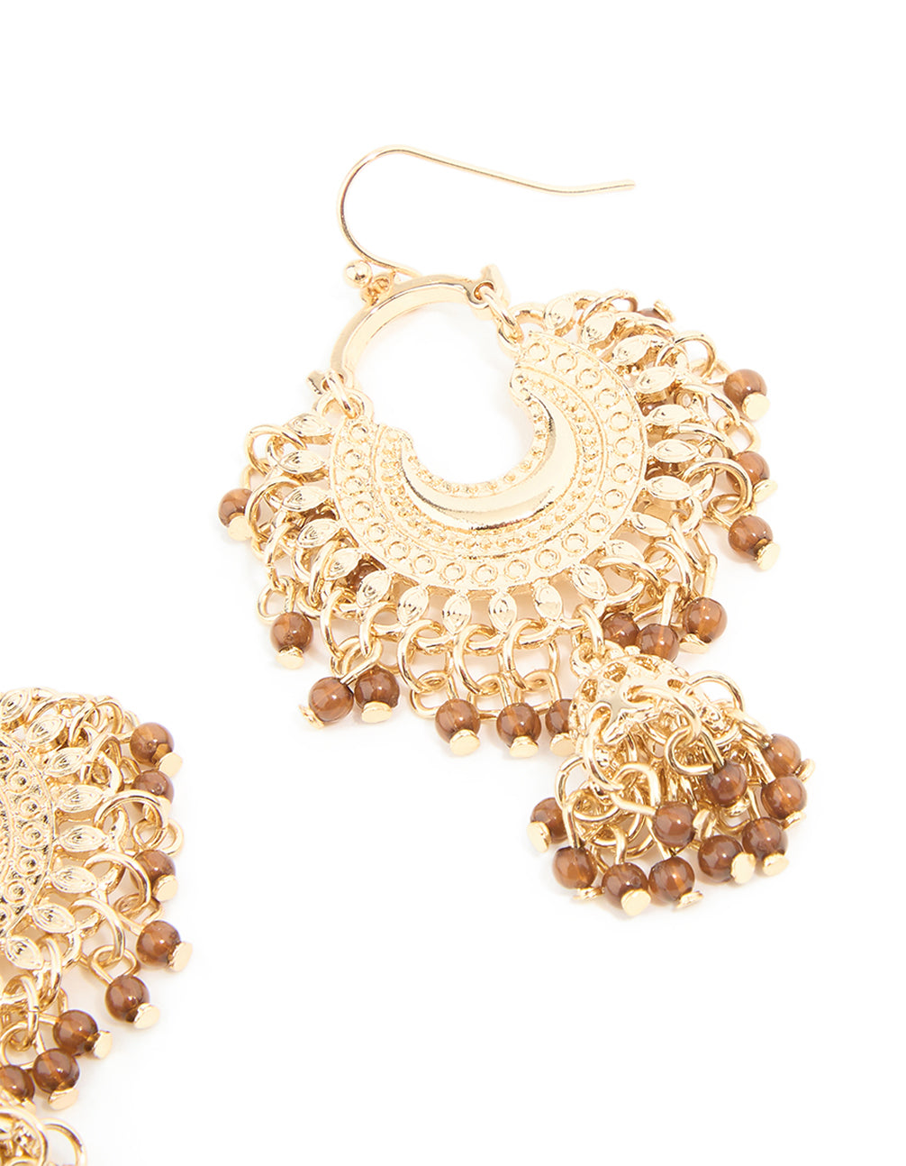 Gold Brown Beaded Mini Fan Drop Earrings