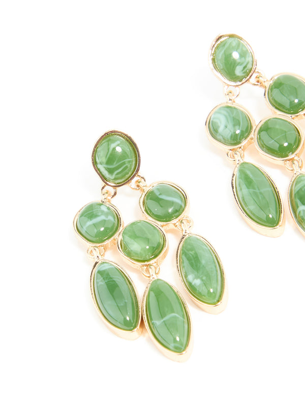 Gold Green Stone Marquise Trio Drop Earrings